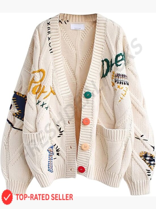 Sweaters - Chunky Cable Knit Cardigan Oversized V-Neck Open Front Embroidery Wool Blend